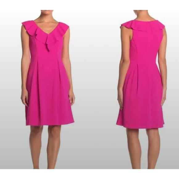 Eliza J Bright Pink Ruffle Fit & Flare Pleated Flowy Dress Barbiecore Cocktail - Picture 1 of 10